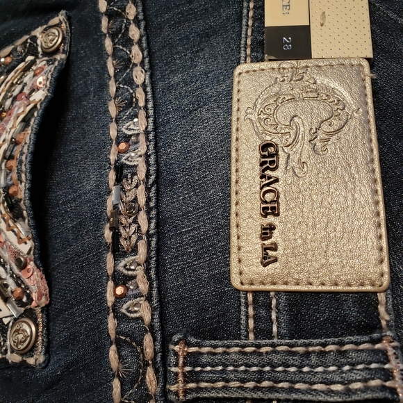 Grace In LA NEW Embellished Jewel Stud Bead Mesh Slim Bootcut Jeans Denim Womens - Picture 12 of 16